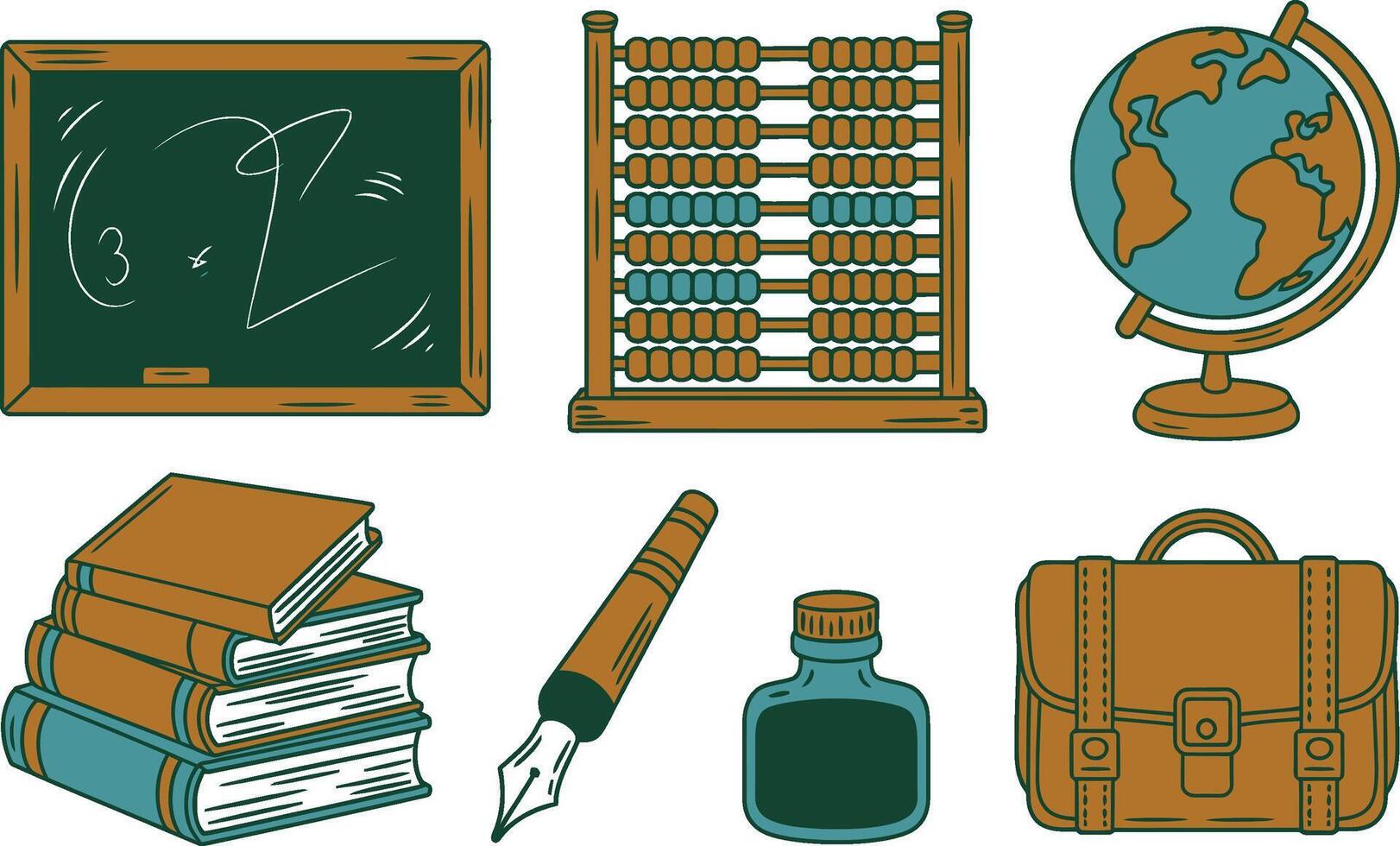 Collection of school supplies and educational items including chalkboard abacus globe books and inkwell illustration vector