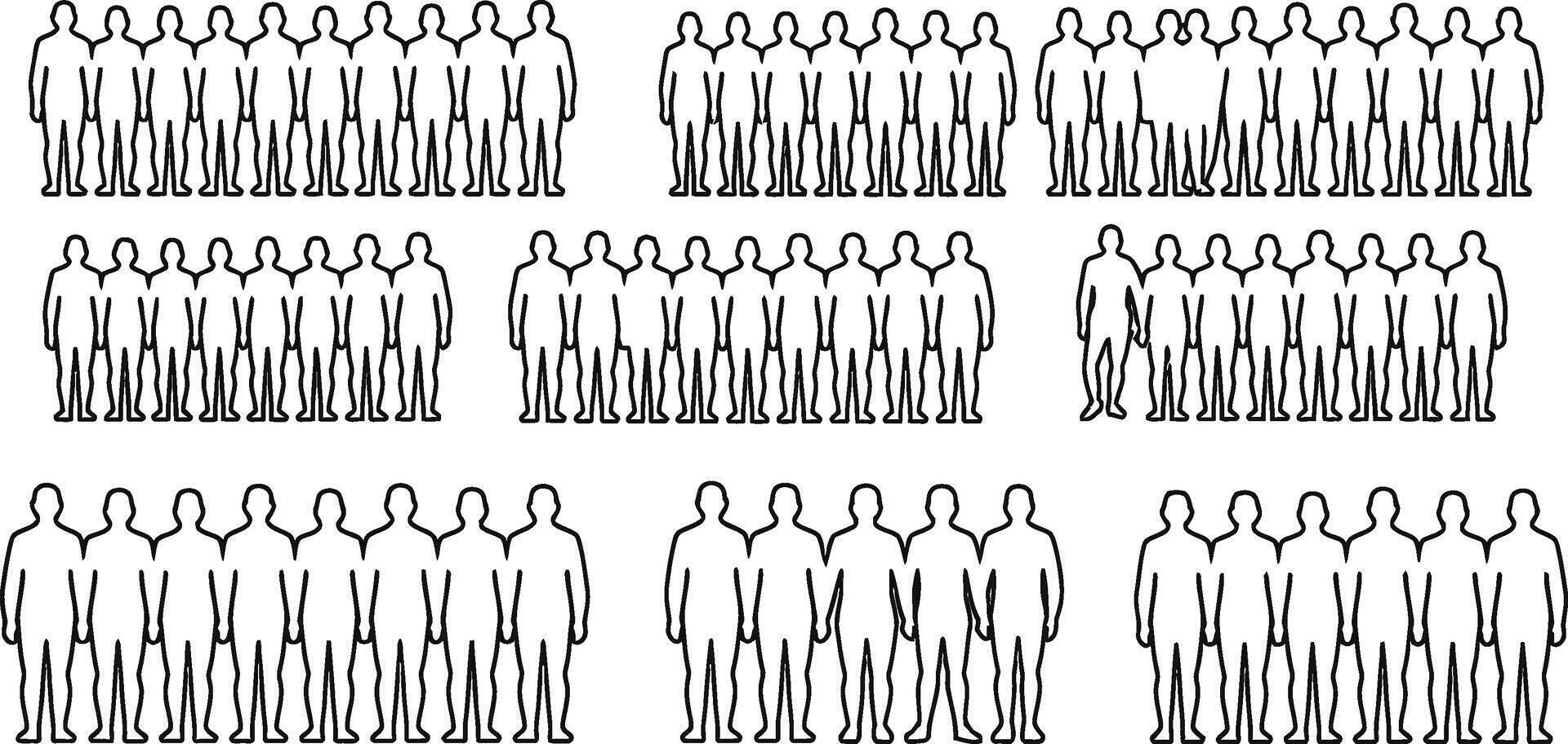 A minimalist black and white illustration featuring silhouettes of several groups of people standing in a row. vector