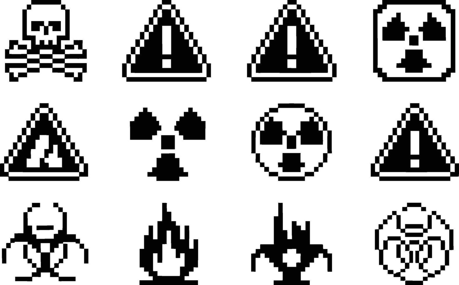 Pixelated danger symbols including biohazard radioactive warning signs and skull and crossbones graphics vector