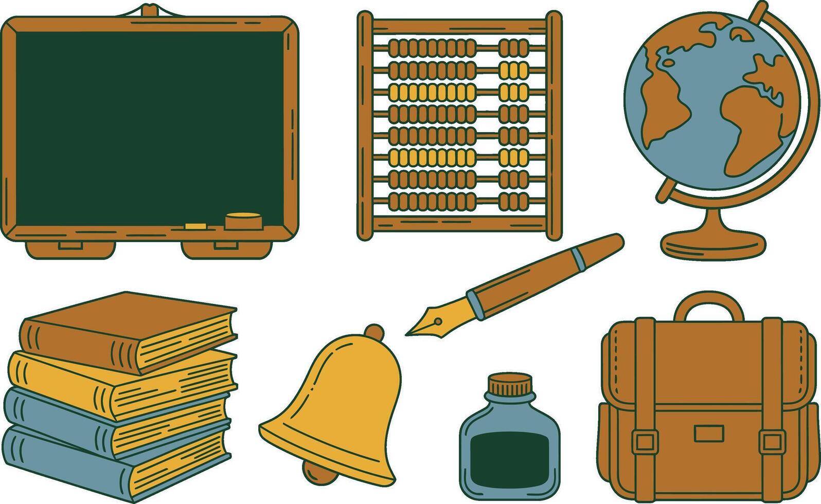 Charming hand drawn educational icons including blackboard globe books bell inkwell and briefcase in illustration vector