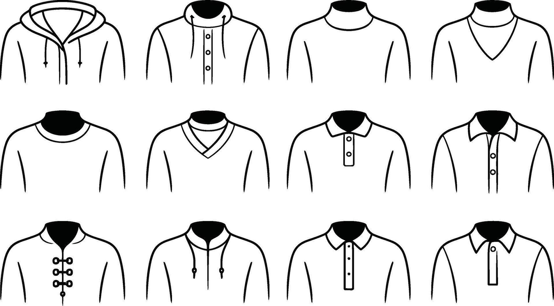 A collection of illustrations featuring various minimalist clothing outfits and shirts in black and white design vector