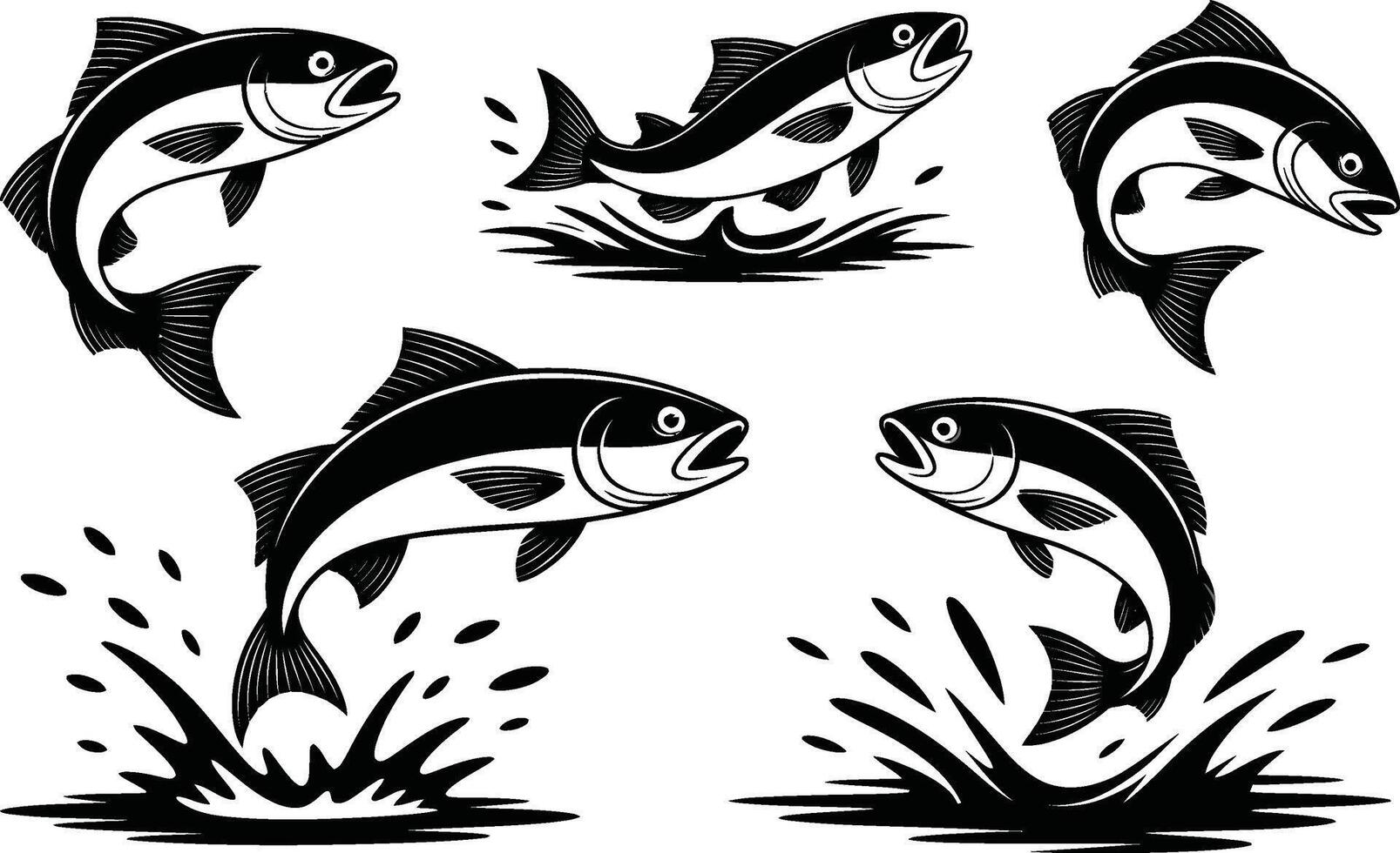 Black and white illustrations of jumping fish featuring splashes and water elements in different poses vector