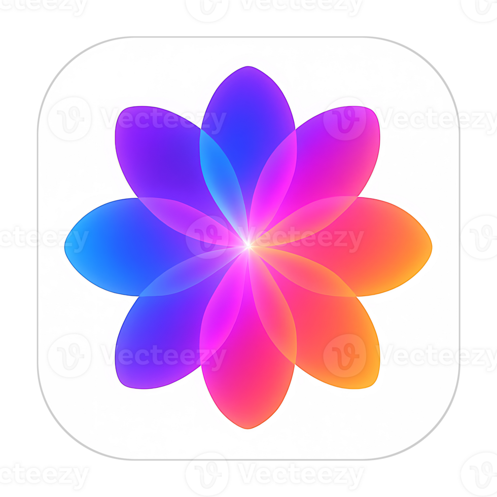 Minimalist Neon Gradient Flower Icon with Glowing Petals and Geometric Frame Isolated on Transparent Background png