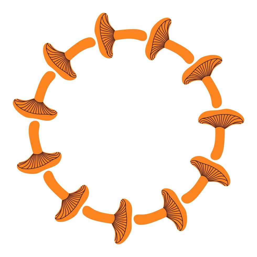 Mushroom flat circle frame. Round border made of fall mushrooms. The mushrooms have different shapes and are arranged in a circle. flat isolated on white background. vector
