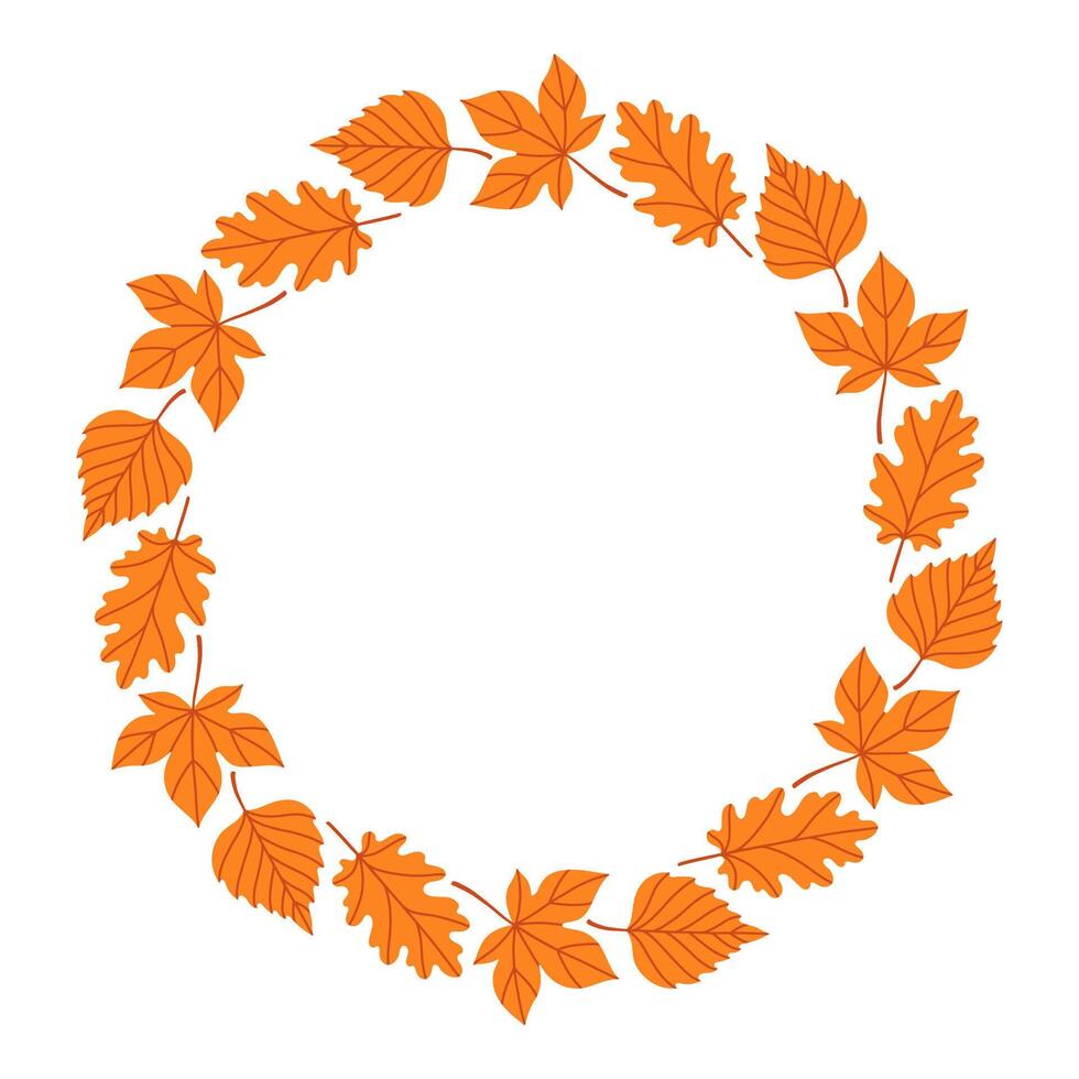 Autumn leaves circle frame. Round border made of fall leaves in orange. The leaves have different shapes and are arranged in a circle. flat isolated on white background. vector