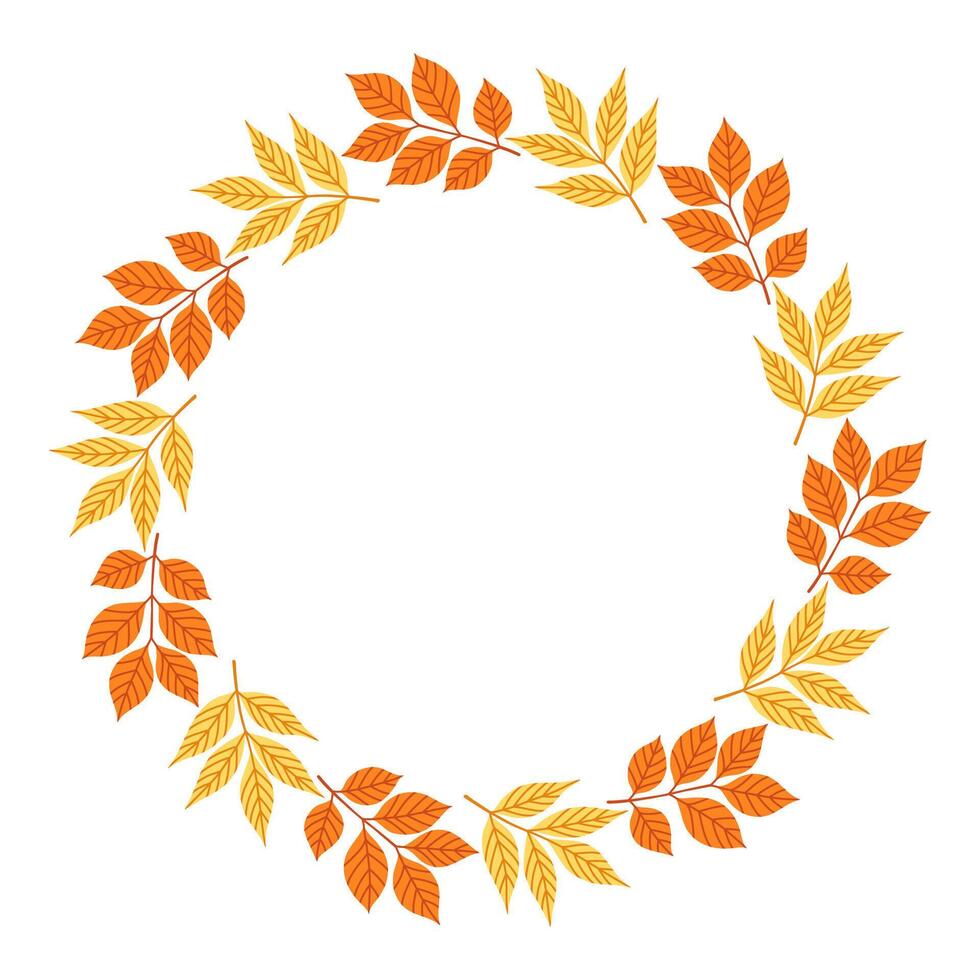Autumn simple leaves circle frame. Round border made of fall leaves in orange, yellow, and green. The leaves have different shapes and are arranged in a circle. flat isolated on white background. vector