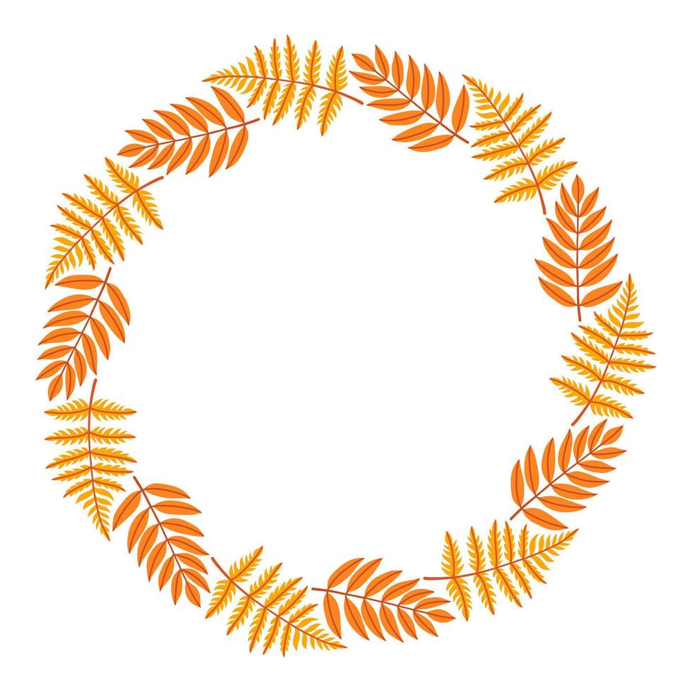 Autumn leaf circle frame. Round border made of fall leaves in orange, yellow, and green. The leaves have different shapes and are arranged in a circle. flat isolated on white background. vector