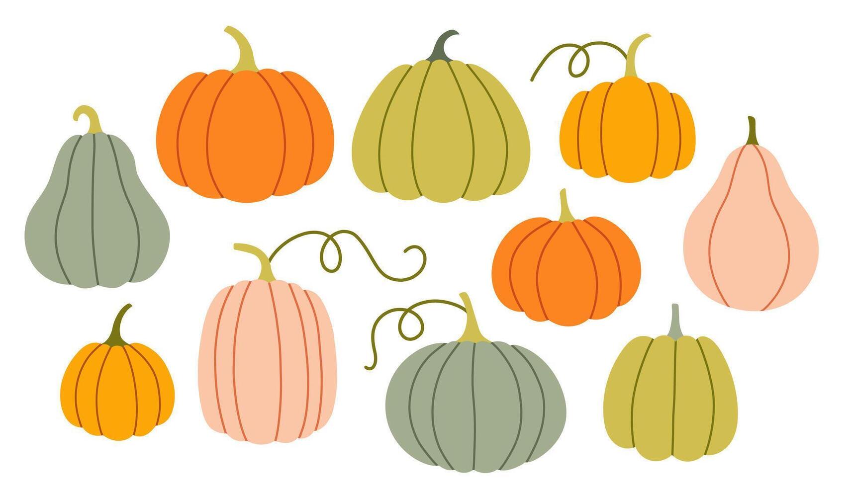 Simple pumpkin set. Cute collection of pumpkins, gourds and squashes in soft orange, green, and peach colors. Each one has a unique shape, perfect for autumn designs. vector