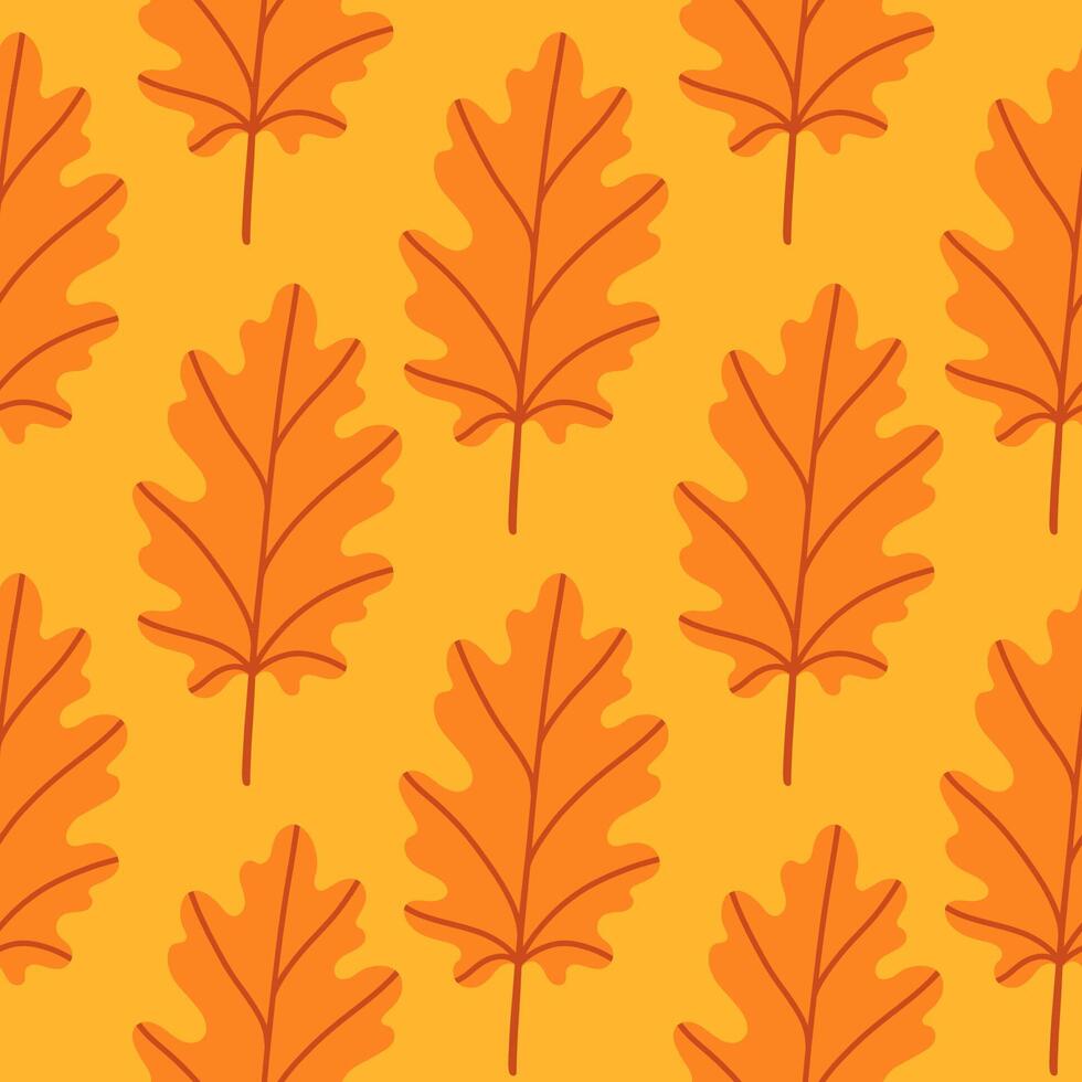 Simple abstract floral seamless pattern with colorful autumn leaves in orange. The leaves are arranged in rows on a yellow background, cozy fall vibe. Hand drawn botanical leaves. vector