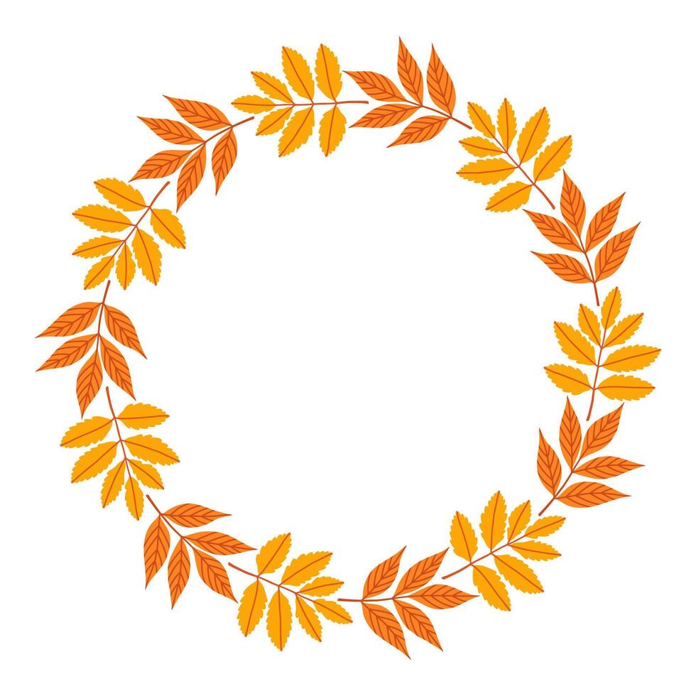Simple autumn leaves circle frame. Round border made of fall leaves in orange, yellow, and green. The leaves have different shapes and are arranged in a circle. flat isolated on white background. vector