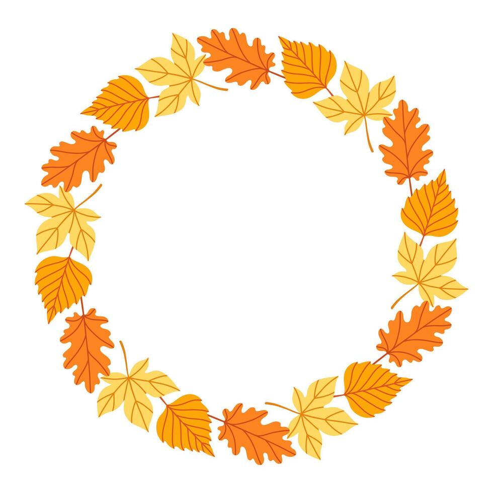 Autumn leaves circle frame. Round border made of fall leaves in orange, yellow. The leaves have different shapes and are arranged in a circle. flat isolated on white background. vector