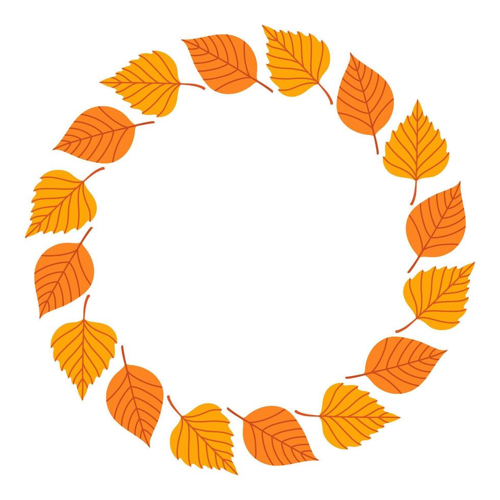 Simple autumn leaves circle frame. Round border made of fall leaves in orange, yellow. The leaves have different shapes and are arranged in a circle. flat isolated on white background. vector
