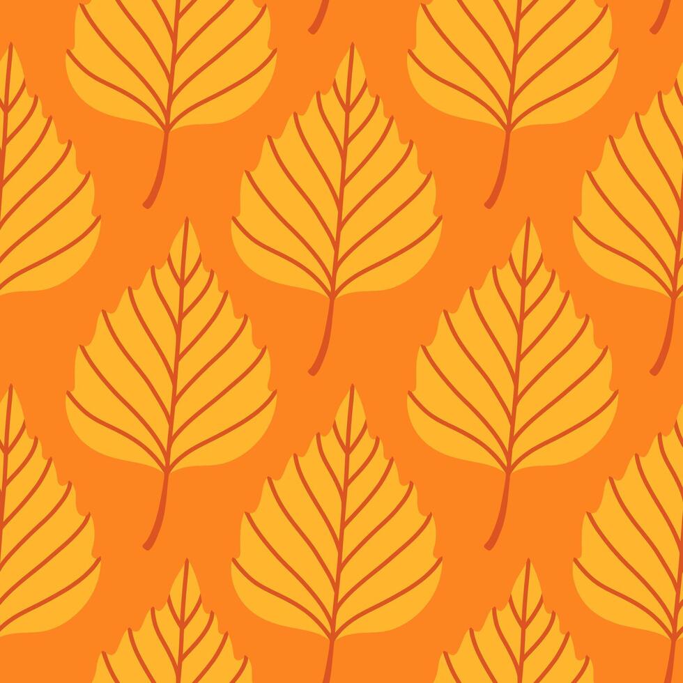 Simple abstract floral seamless pattern with colorful autumn leaves in yellow. The leaves are arranged in rows on a orange background, cozy fall vibe. Hand drawn botanical leaves. vector