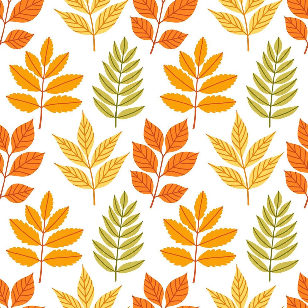 Simple abstract floral seamless pattern with colorful autumn leaves in orange, yellow, and green. The leaves are arranged in rows on a white background, cozy fall vibe. Hand drawn botanical leaves. vector