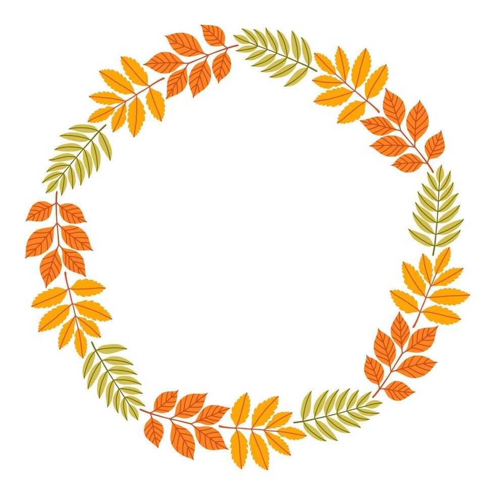 Autumn simple leaf circle frame. Round border made of fall leaves in orange, yellow, and green. The leaves have different shapes and are arranged in a circle. flat isolated on white background. vector