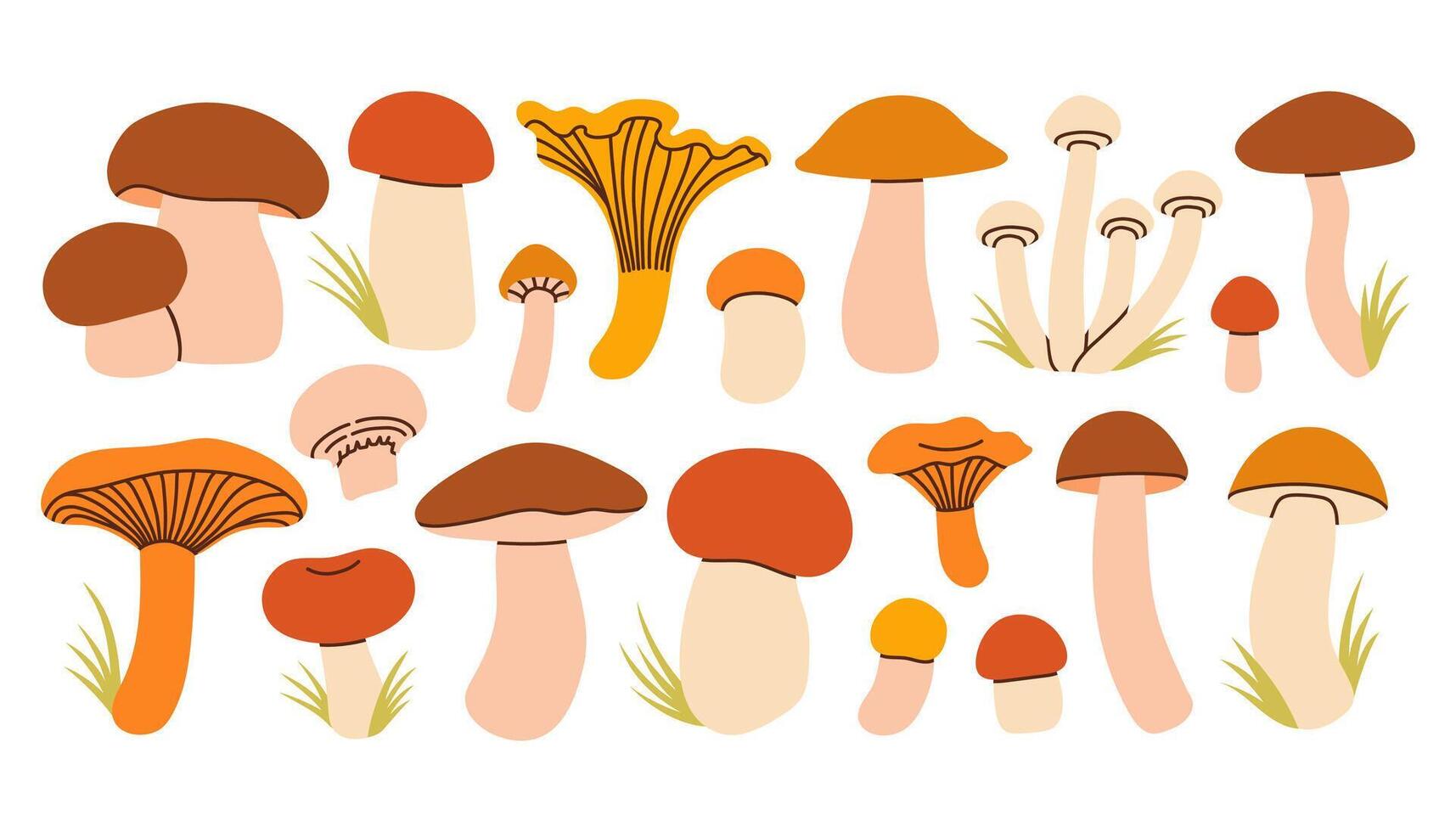 Simple colorful set of hand drawn mushrooms in orange, brown, and beige tones. Different shape and size mushrooms, giving a cozy and fun fall forest feel. Flat design for card, pattern, banner vector