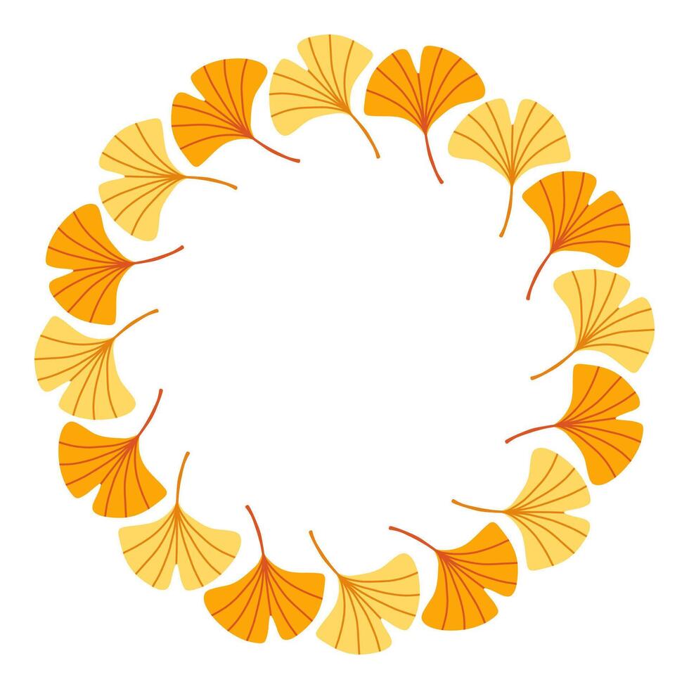 Autumn leaves circle frame. Round border made of fall leaves in orange, yellow, and green. The leaves have different shapes and are arranged in a circle. flat isolated on white background. vector