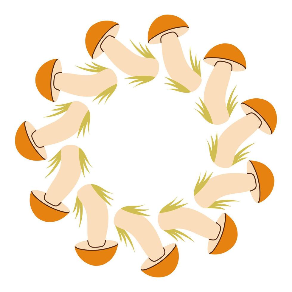 Mushroom simple circle frame. Round border made of fall mushrooms. The mushrooms have different shapes and are arranged in a circle. flat isolated on white background. vector