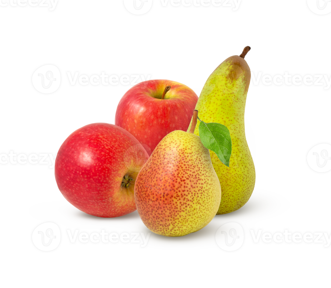 Two apples and two pears isolated. Green pear and red apple with leaf. png