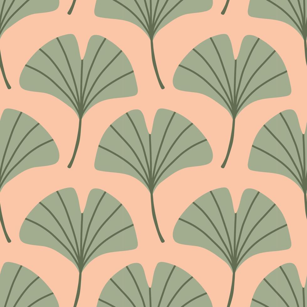 Simple abstract floral seamless pattern with colorful autumn leaves in green. The leaves are arranged in rows on a pink background, cozy fall vibe. Hand drawn botanical leaves. vector