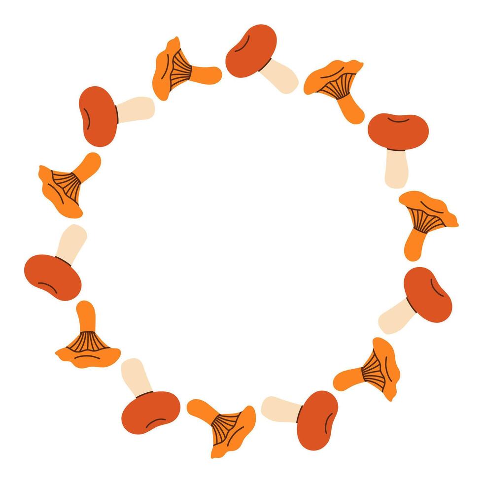 Mushroom circle frame. Round border made of fall mushrooms. The mushrooms have different shapes and are arranged in a circle. flat isolated on white background. vector
