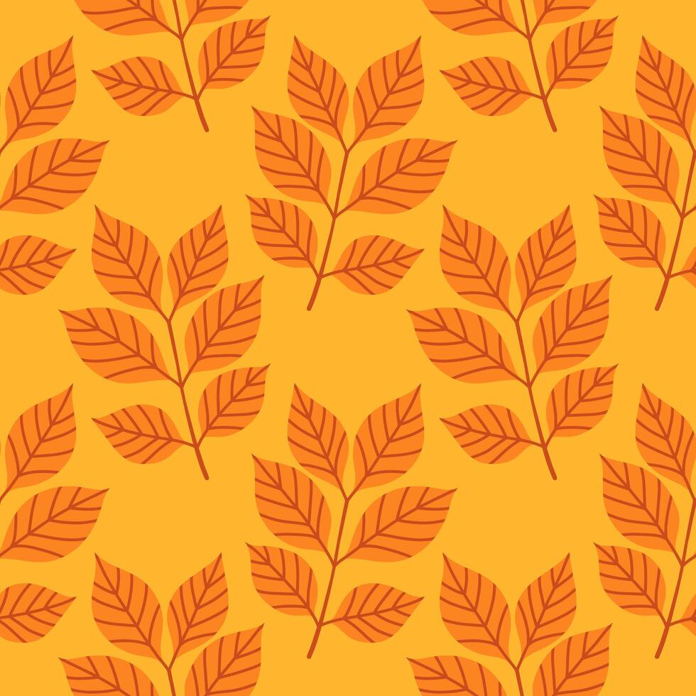 Simple abstract floral seamless pattern with colorful autumn leaves in orange and yellow. The leaves are arranged in rows on a yellow background, cozy fall vibe. Hand drawn botanical leaves. vector