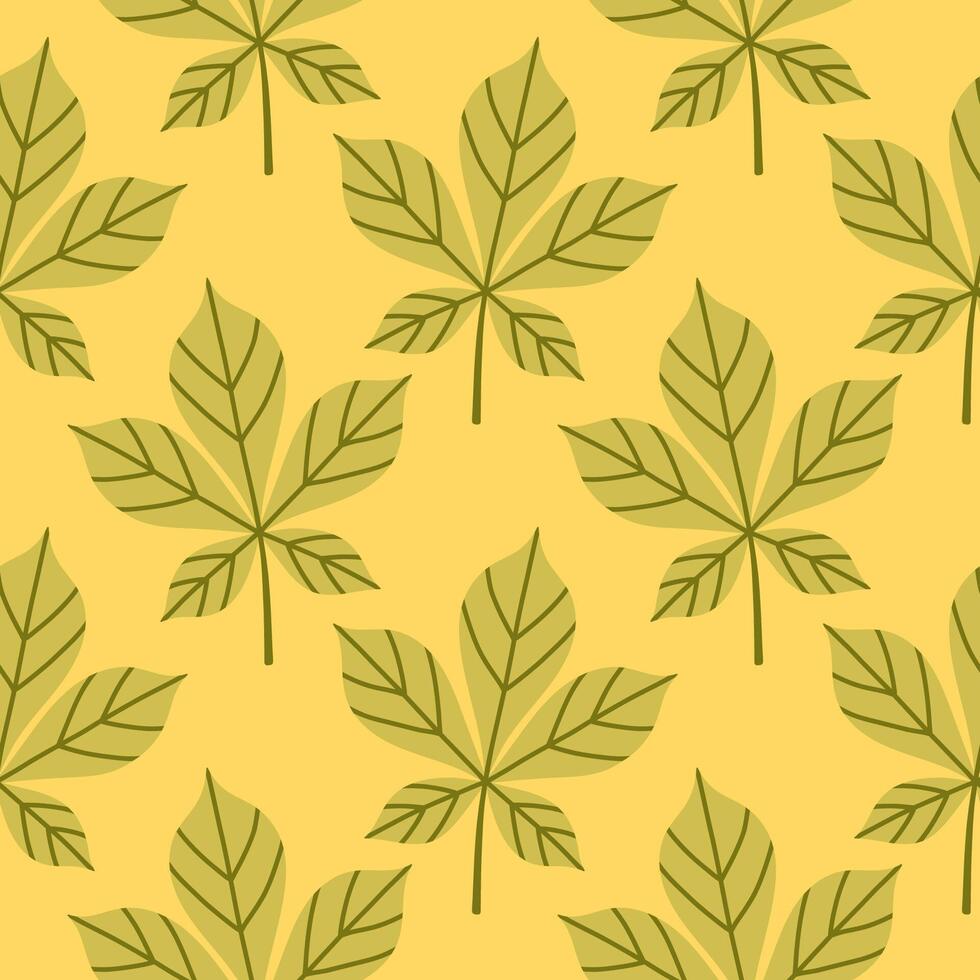 Simple abstract floral seamless pattern with colorful autumn leaves in green. The leaves are arranged in rows on a yellow background, cozy fall vibe. Hand drawn botanical leaves. vector