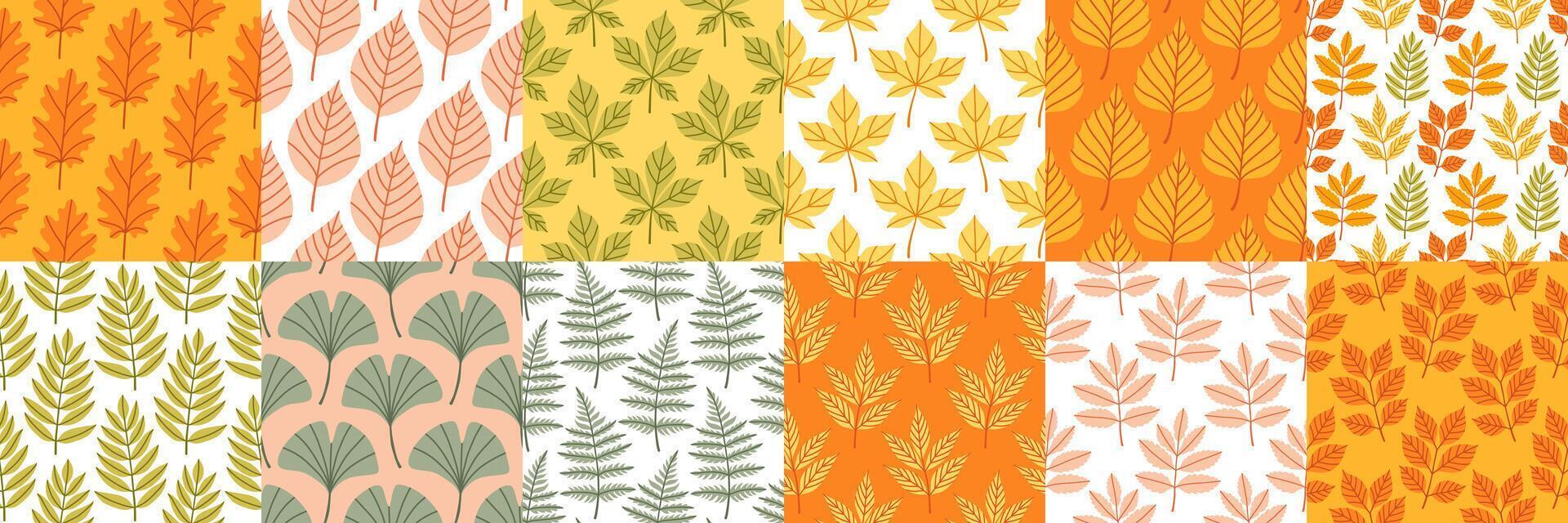 Simple abstract floral seamless pattern set with colorful autumn leaves. The leaves are arranged in rows on isolated background, cozy fall vibe. Hand drawn botanical leaves. vector