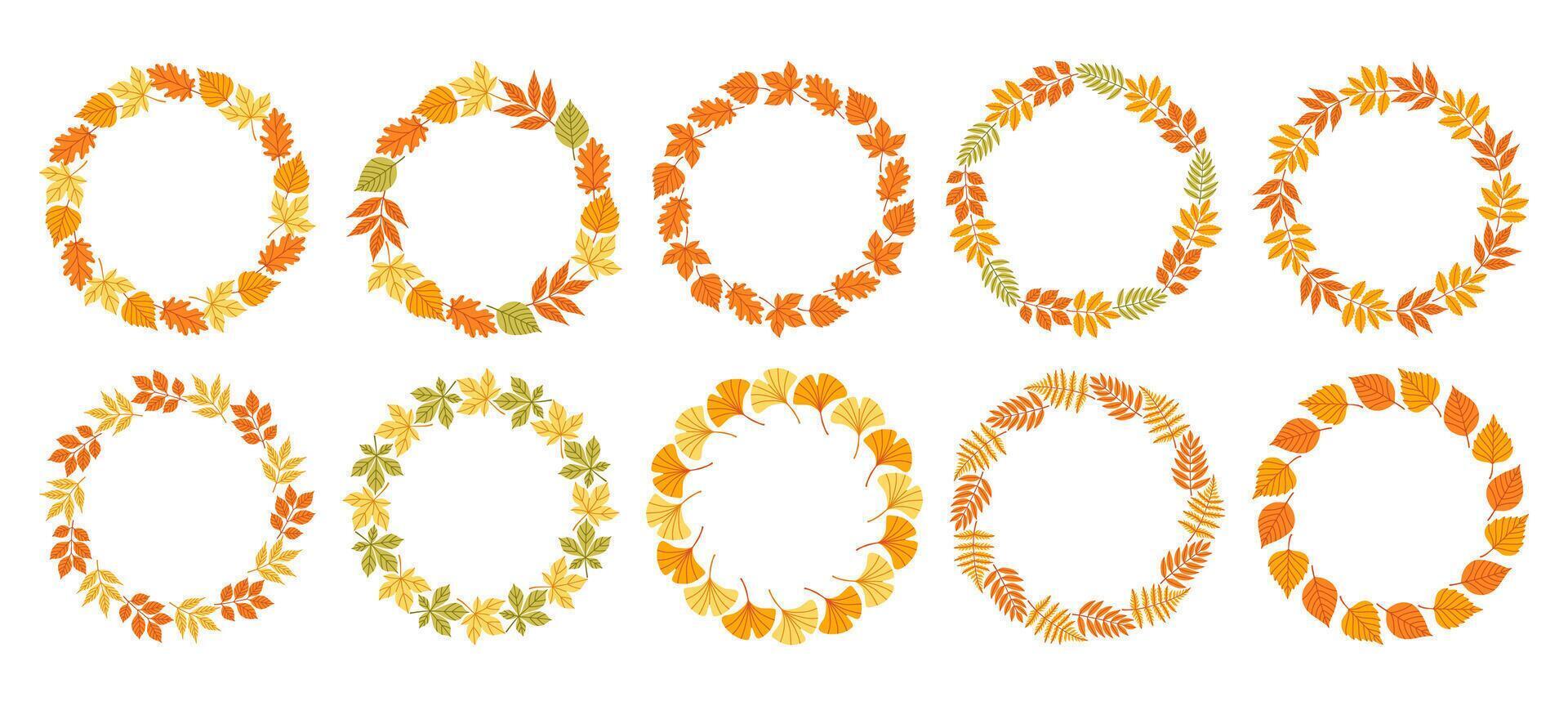 Autumn leaves circle frame set. Cute wreath border of autumn leaves. Hello fall. seasonal illustration. Template for poster, postcard. vector