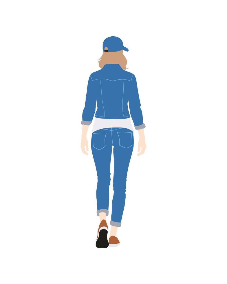 Woman in denim jacket and jeans walking away, rear view vector