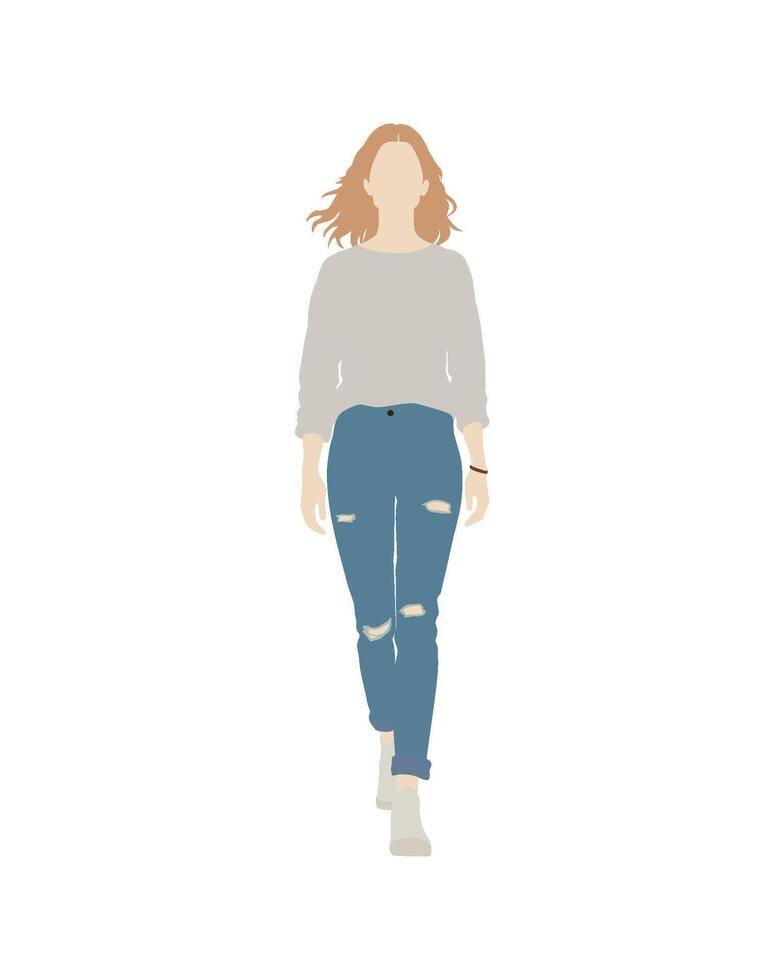 Woman in light gray sweater and ripped blue jeans vector