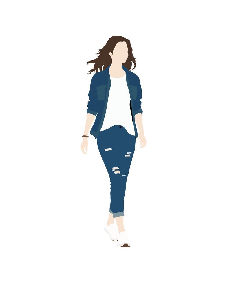 Woman in denim jacket and ripped jeans walking vector