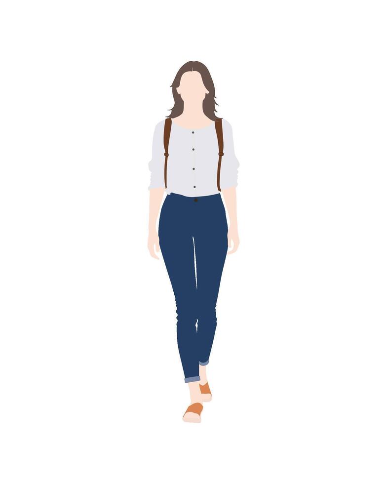 Woman walking with a backpack, wearing jeans and a shirt vector