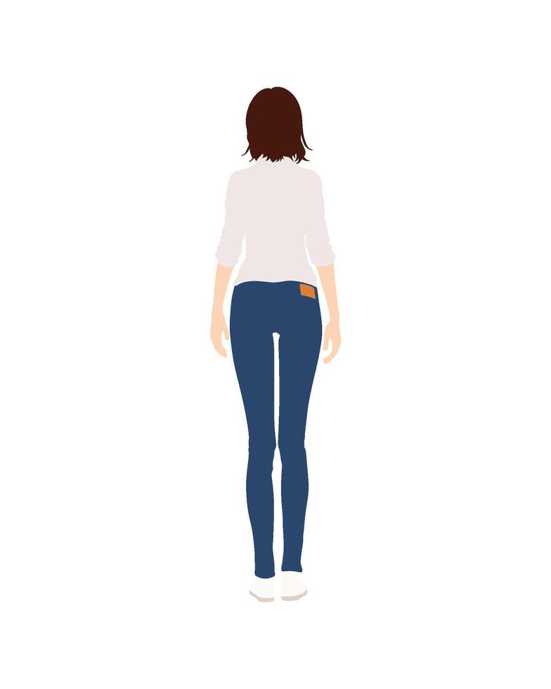 Woman in jeans and a white shirt from behind, flat style vector