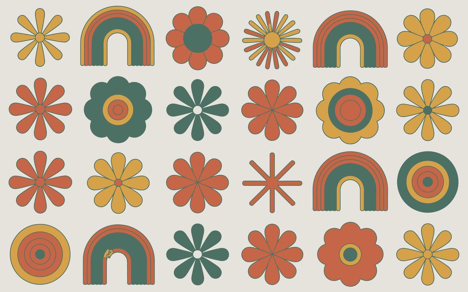 Retro style colorful floral and rainbow elements for various graphic design projects and decorative purposes vector