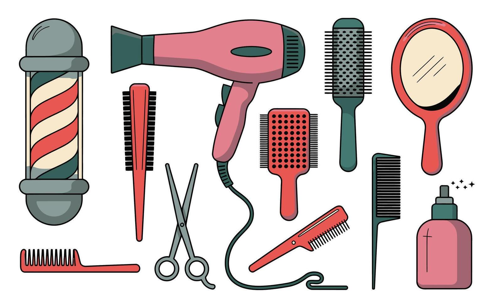 illustration of various barber shop tools and instruments for hair styling and grooming services vector