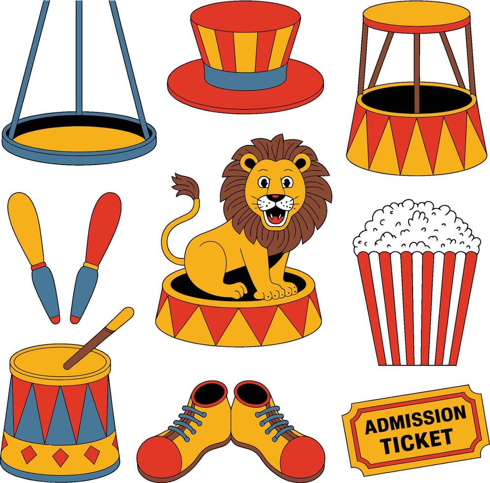 Colorful illustration of circus elements including lion, popcorn, admission ticket, and more vector