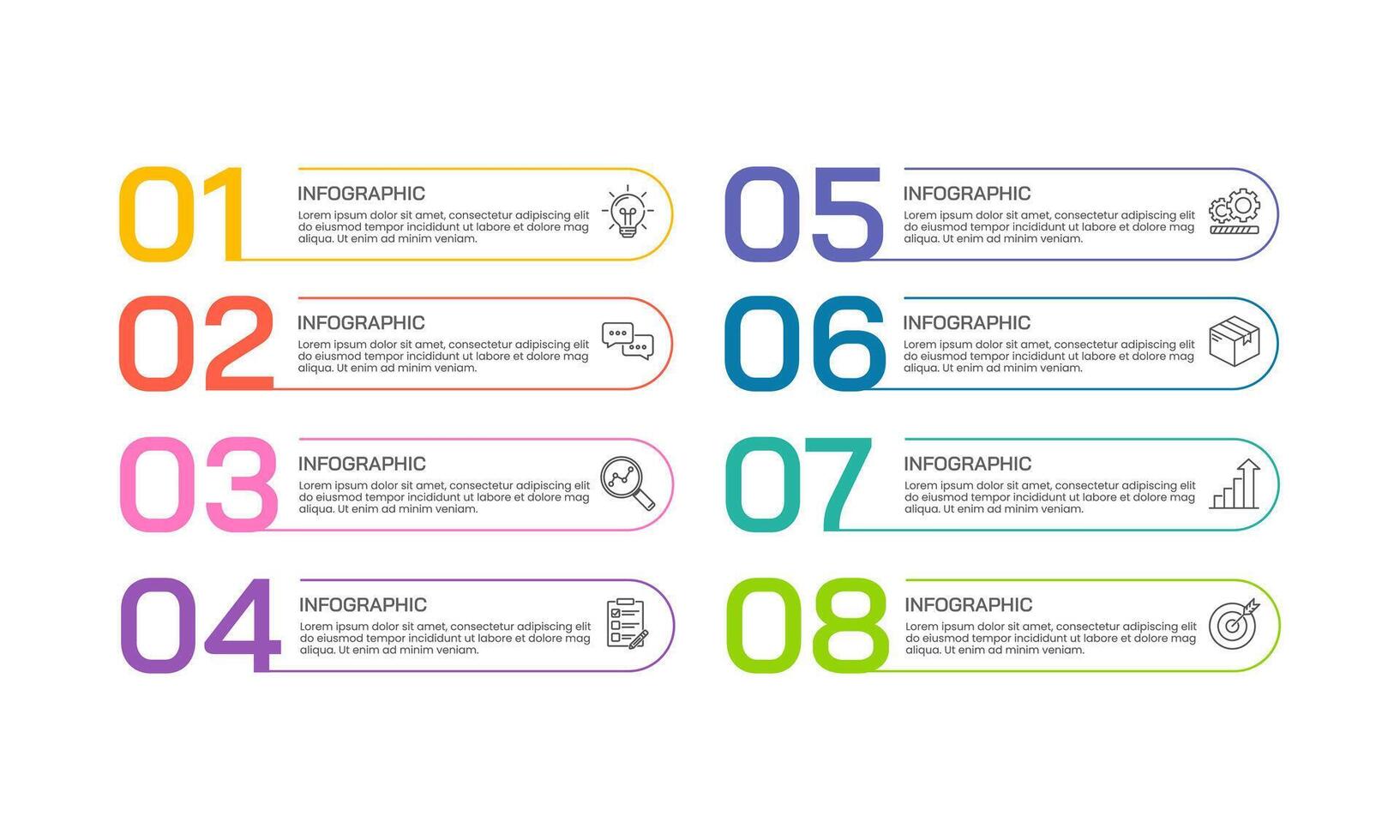 Infographic banner with 8 colorful numbers to choose from or select steps. Brochure, Banner, Presentation and Plan. vector