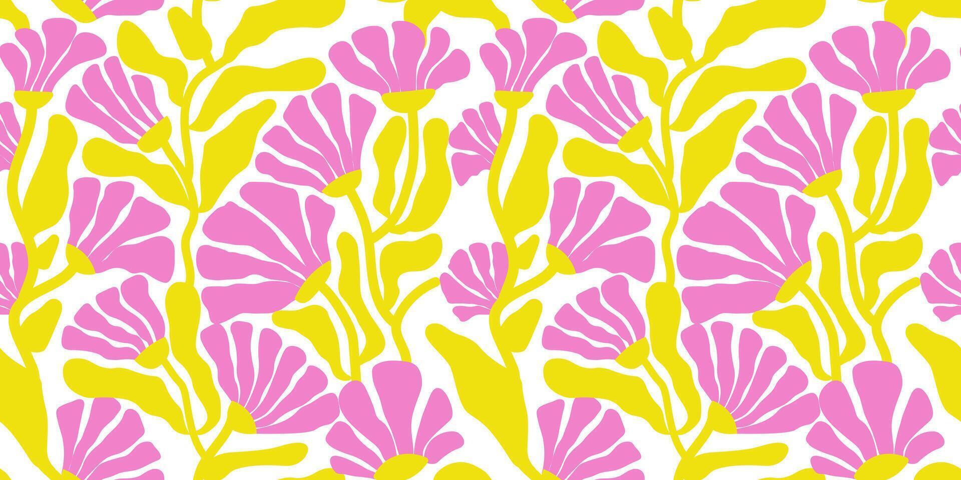 Cute abstract groovy retro boho flower yellow pink in a Seamless Pattern Illustration. vector