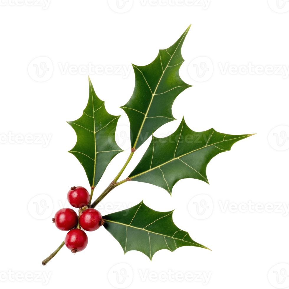 Holly branch with sharp green leaves and red berries, realistic style on transparent background. Symbol of winter holidays and festive decoration png