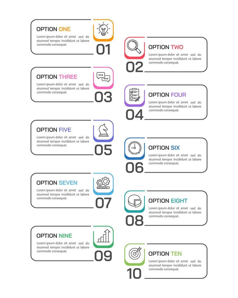 Vertical Infographics 10 options or steps. Presentation, Banner, Brochure, Plan and Strategy. vector
