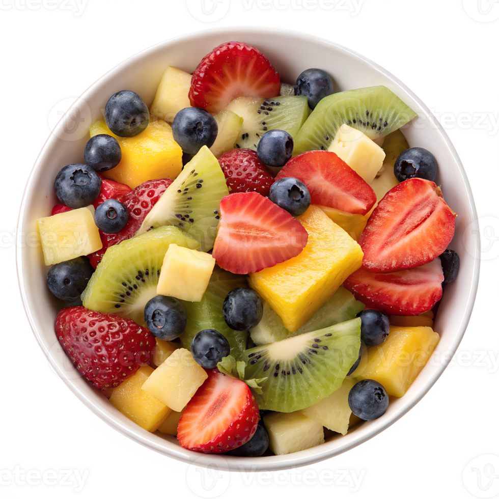 Vibrant fruit salad in white bowl, mix of fresh strawberries, kiwi, blueberries, healthy snack on transparent background png