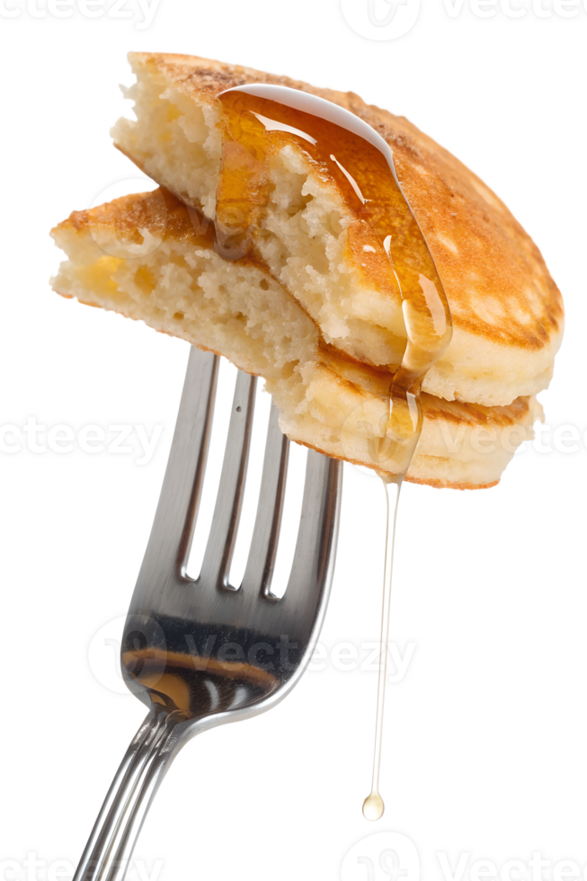 Pancakes with syrup on fork isolated on transparent background, breakfast food close-up, dripping maple syrup png