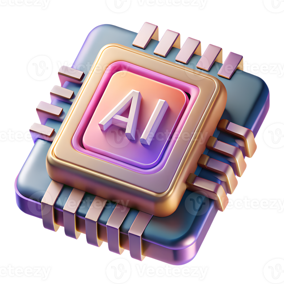 AI chip illustration 3d render on transparent background, futuristic processor technology, computer hardware, semiconductor design png