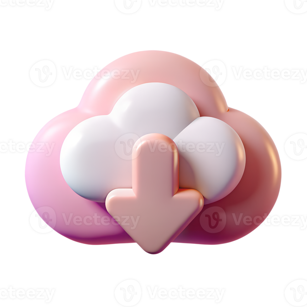 Gradient cloud download icon 3d render, soft pastel arrow down symbol, file transfer concept png