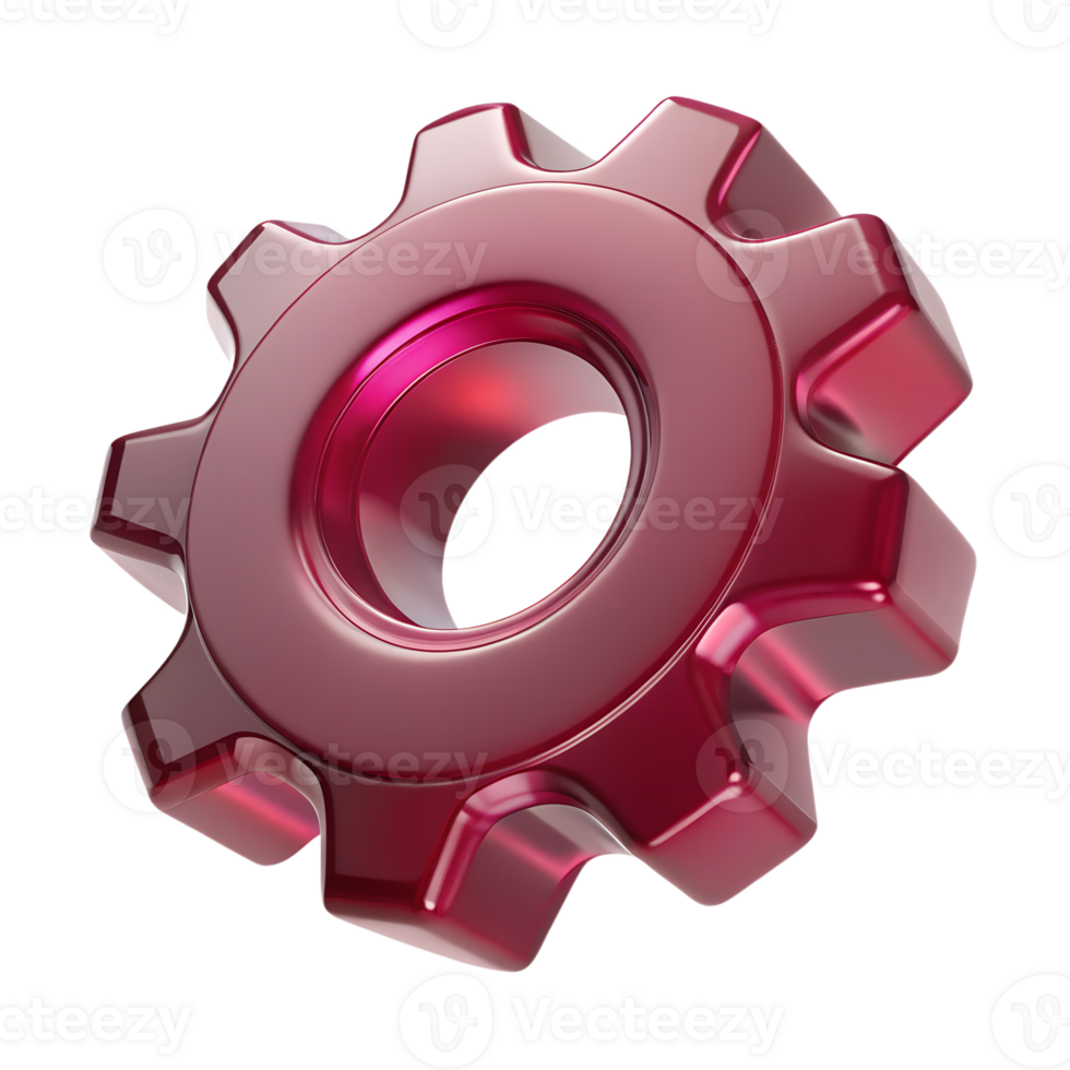 Glassy burgundy gear wheel 3d icon isolated, glossy red cog, mechanical part, futuristic ui element, tech or puzzle game graphic png