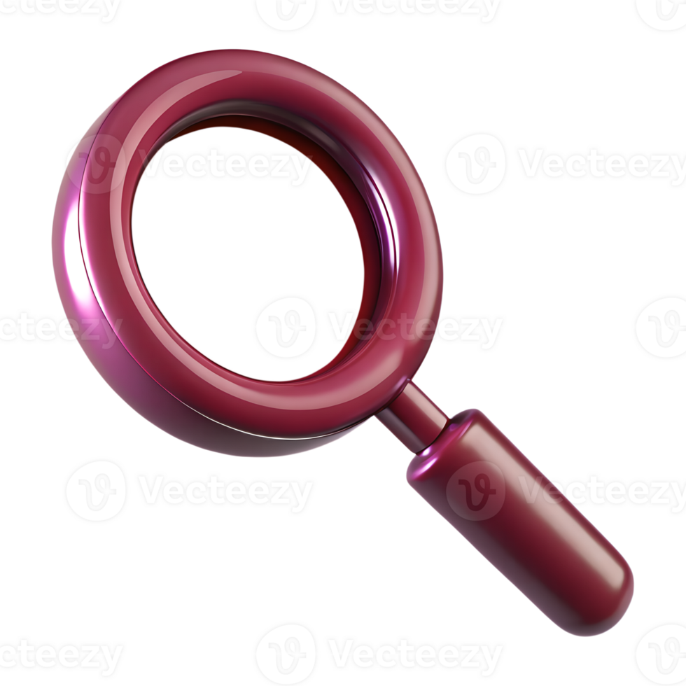 Glassy burgundy magnifier 3d icon isolated, red search tool with reflection, polished lens, ui ux design element png