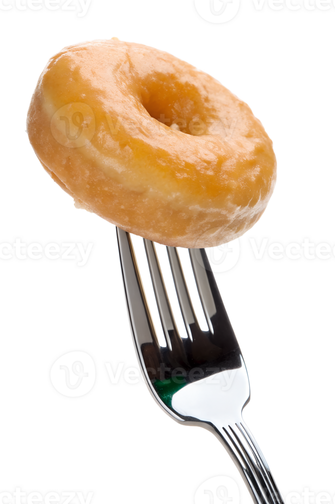 Glazed donut on fork isolated, sweet pastry dessert, sugar icing drip png