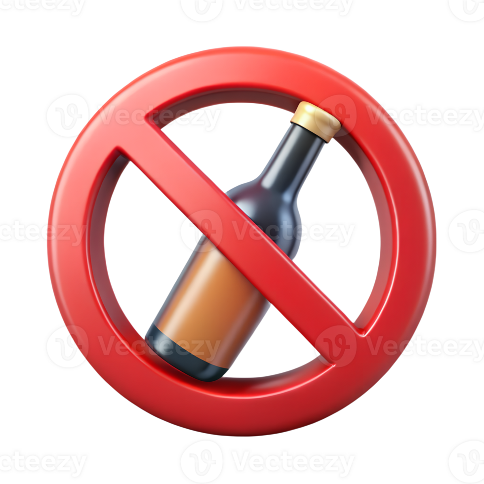 No alcohol sign, prohibition and abstinence symbol, red circle with line through drink, clean transparent background png