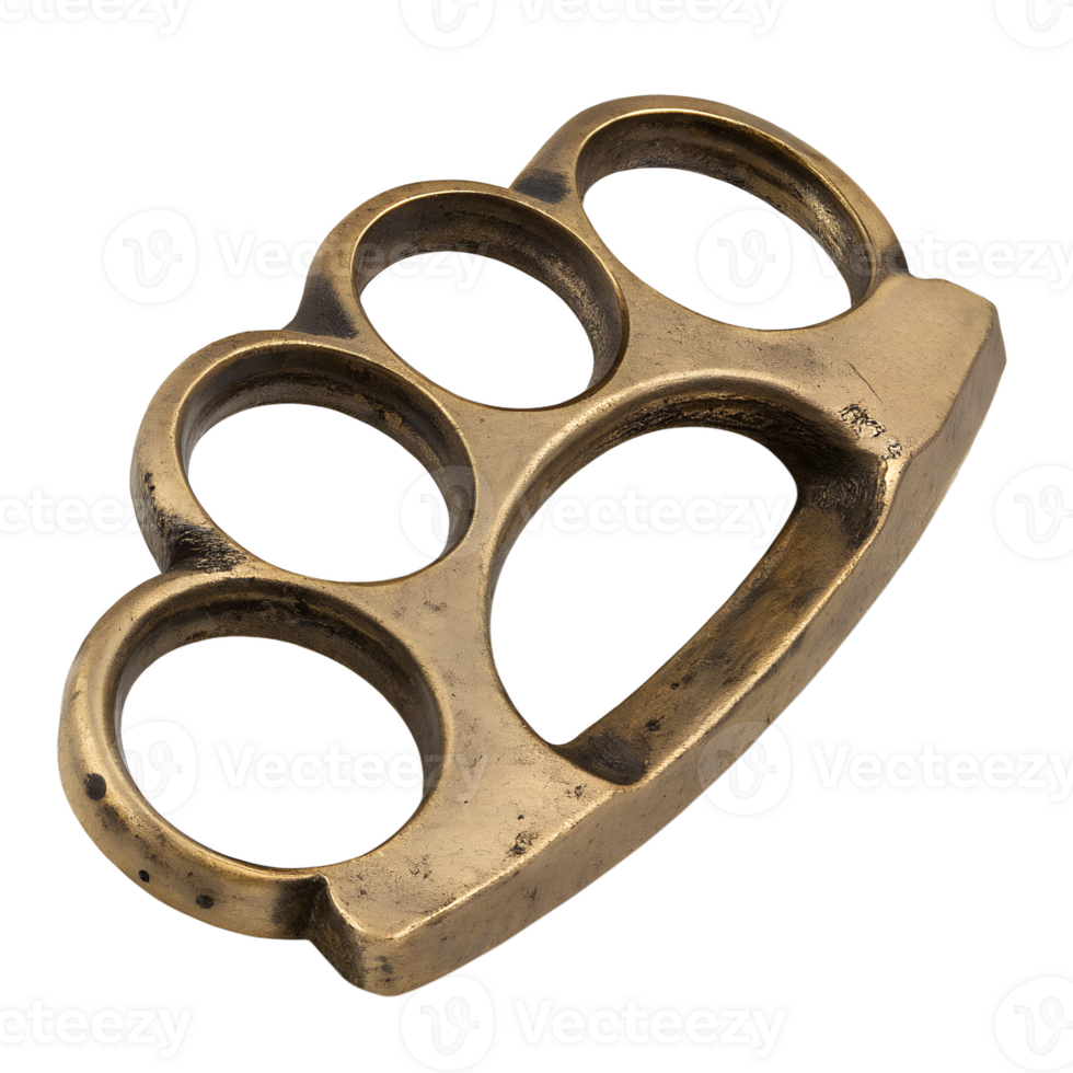 Brass knuckles isolated on transparent background, metal self-defense weapon, vintage street fight gear, crime accessory png